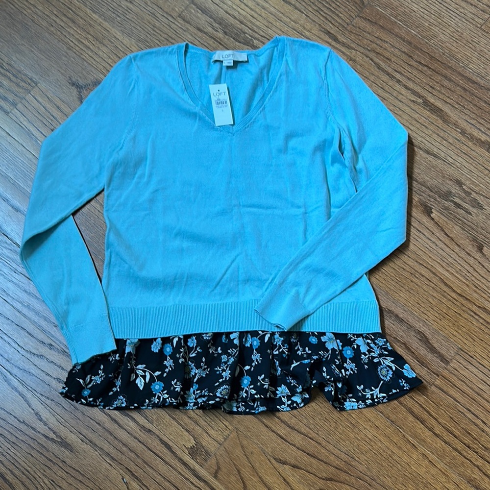 LOFT Blue Peplum Blouse with Black Hem